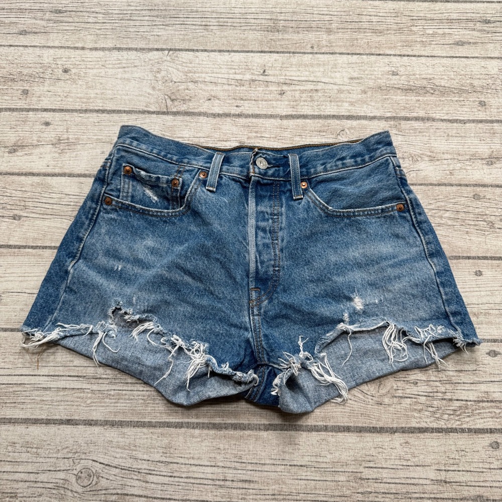 Levi's 501 Premium Shorts Women's 28 Blue Denim High Waisted Button Fly Cut Off